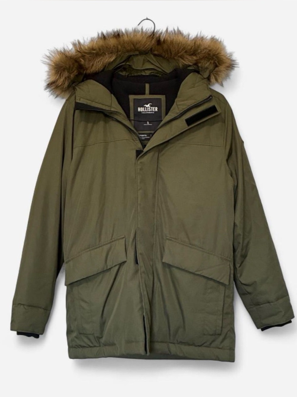 Men’s Hollister Olive Green Winter Parka with Faux Fur-Trim Hood Size Small